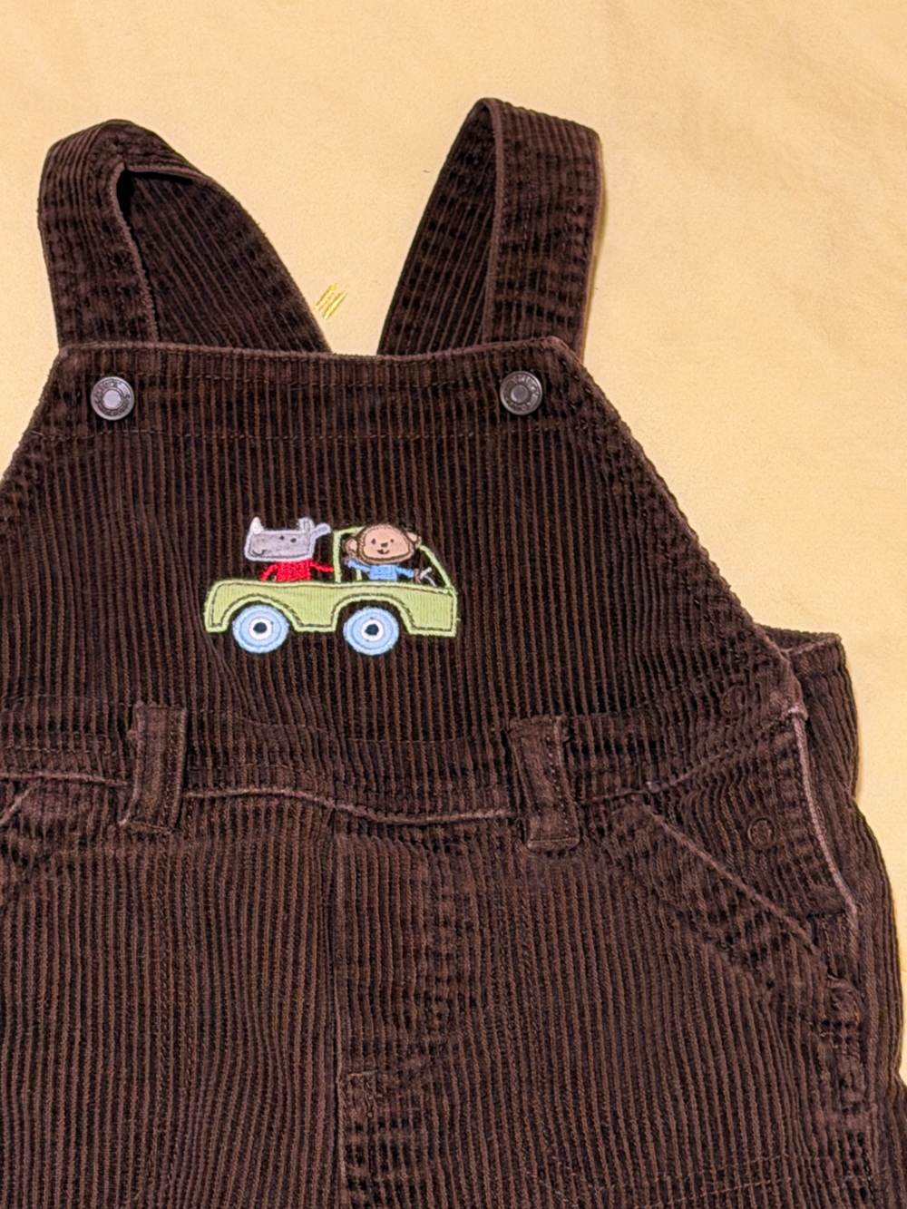 Vintage Kids Brown Corduroy Overalls with Green Car Applique